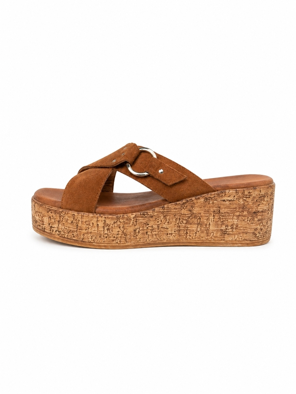 Lottini Brown Leather Suede Cork Wedge Sandals Size 8 Platform Slide Italy - Picture 3 of 13